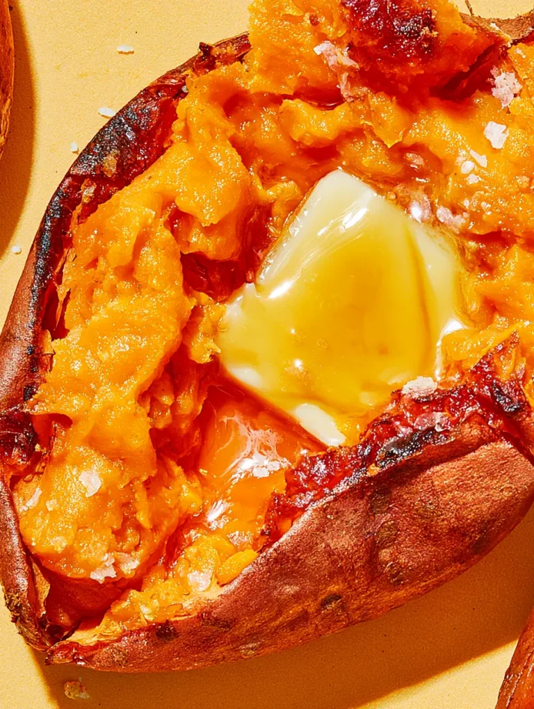 Baked orange sweet potato split open with whipped honey butter melting in
