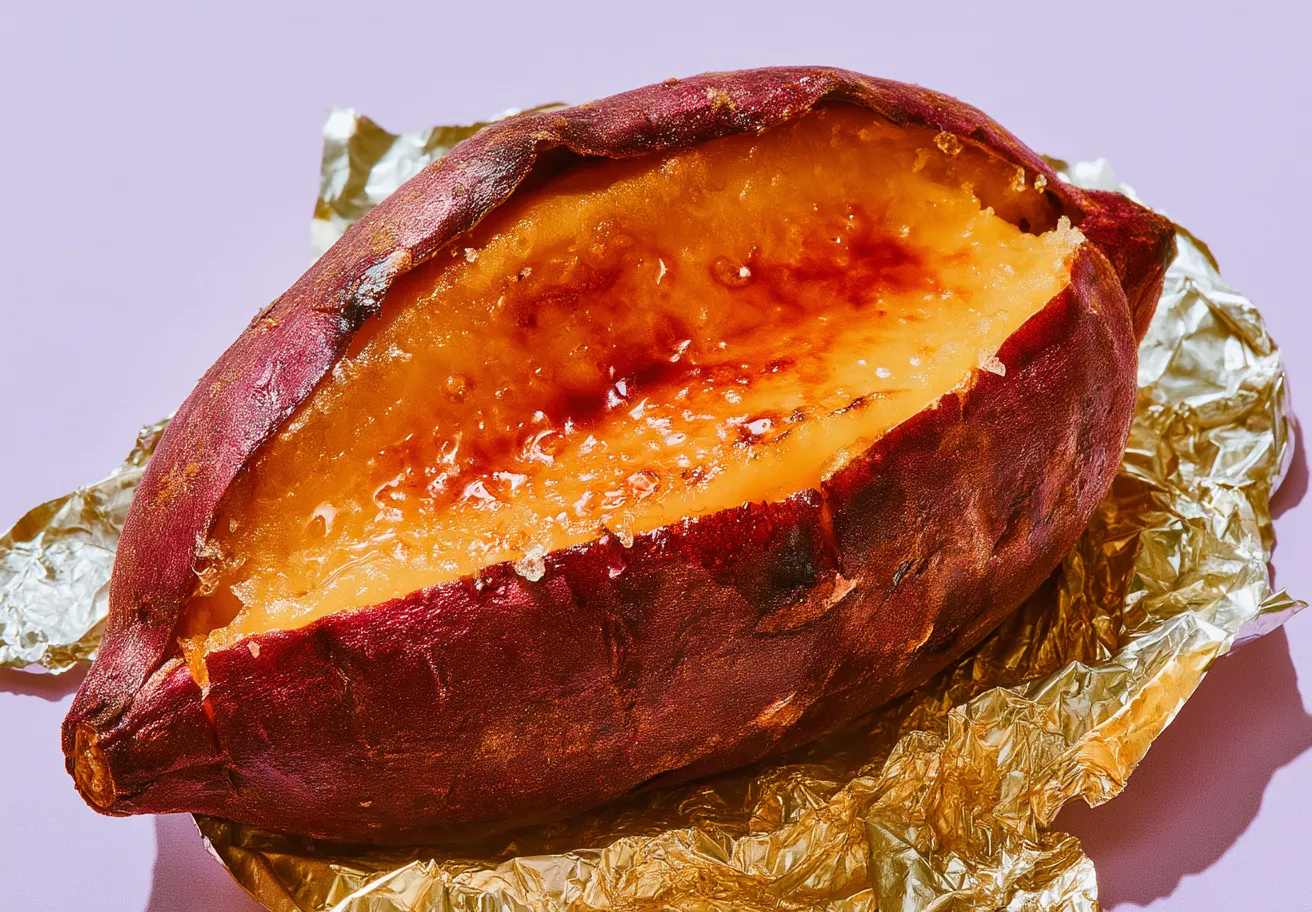 Yaki Imo, baked Murasaki sweet potato split open on foil